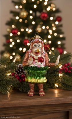 Vintage Christmas Hula Monkey Ornament Glass 5.5" Tall
