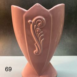 Fredericksburg Pottery pink fan vase, likely from the 1940s, featuring an Art Deco style and an embossed floral or scroll design. 