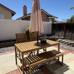 Outdoor patio table + 2 chair + bench + umbrella + umbrella stand