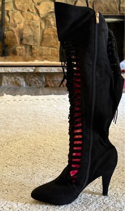 Black Suede Knee-High Lace-Up Heeled Boots