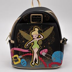 Disney Park Loungefly Tinker Bell Backpack Black Gold Fairy Sparkle Faux Leather