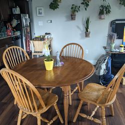 Round Wooden Table W/Insert + 4 Chairs