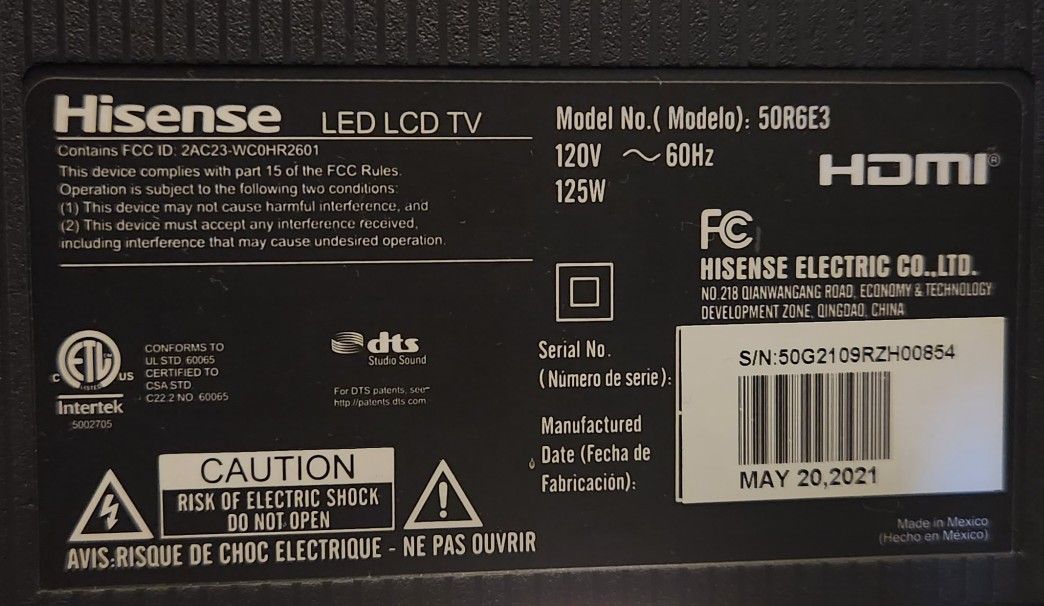 50" Smart TV for Sale Hisense 50R6E3 for Sale in College Station, TX