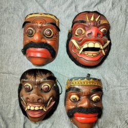 Vintage Set of 4 Traditional Indonesian Hand-Carved Wooden Topeng Dance Masks (Bali/Java) Castle Wood 