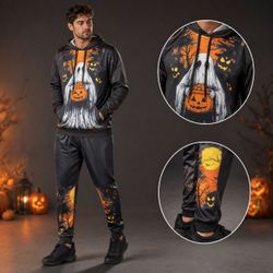 Halloween Ghost and Pumpkin Graphic Hoodie and Jogger Tracksuit Set