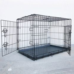 (Brand New) $50 Double Door 36” Dog Crate Kennel Metal Folding Pet Cage Plastic Tray, 36x23x25 Inches