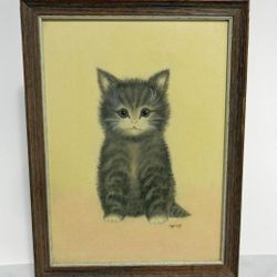 Vintage 1972 10x14" Framed Adorable Kitten Cat Black White Drawing Framed Print