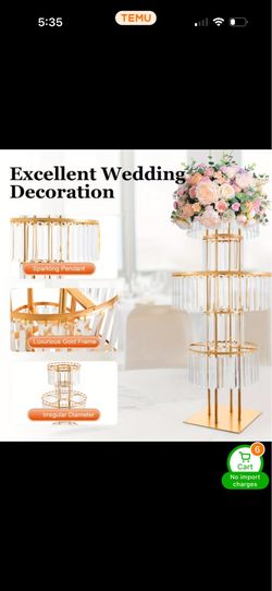 Luxury Golden Wedding Flower Stand, 5-Tier Acrylic & Iron Centerpiece, Sparkling Crystal Pendants, 43.3" Height, 11.81" Base, Elegant Decor for Weddin