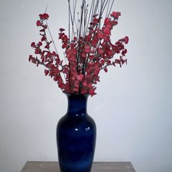 Blue Glazed Ceramic Vase with Flowers