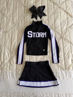 VARSITY STORM Cheerleading Uniform + Matching Bow — YXS+1 .