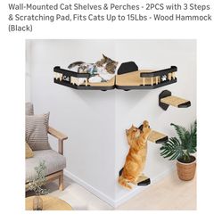Wall-Mounted Cat Shelves & Perches - 2PCS with 3 Steps & Scratching Pad, Fits Cats Up to 15Lbs - Wood Hammock (Black)