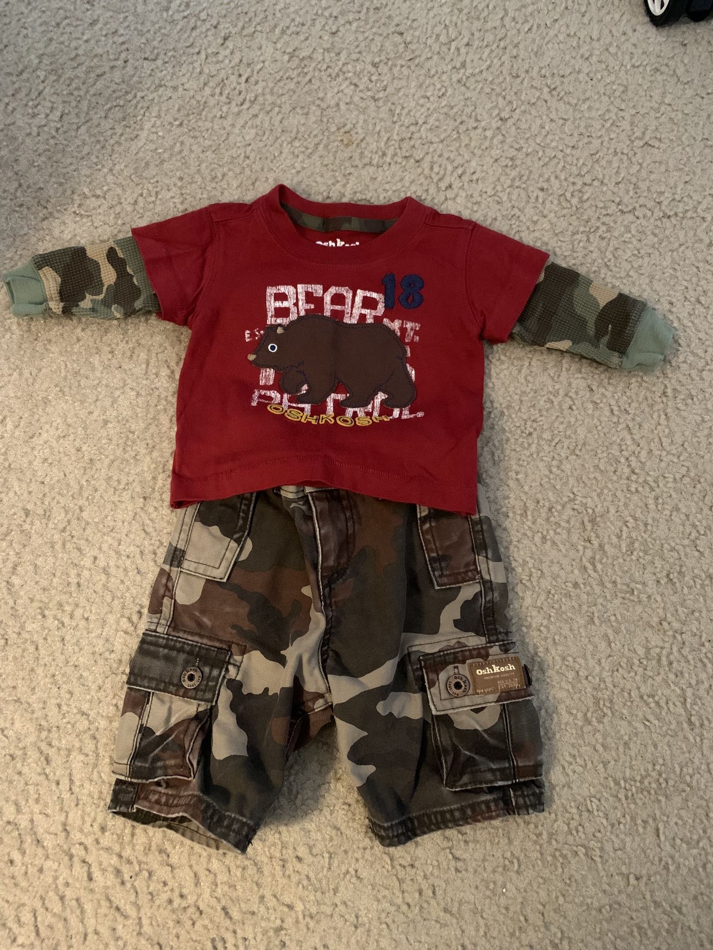 Baby Boy 0-3 Months Oshkosh Camo Pants And Long Sleeve Shirt