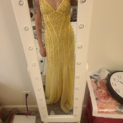 Cache. Long, Yellow, Beaded, Spaghetti Strapped, Low-cut, Open-backed Dress.
