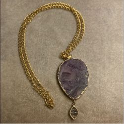 Large, Sliced Amethyst, Stone Pendant With A Gold Plated Chain Necklace