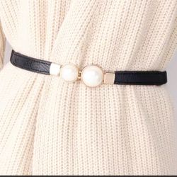 Black  leather elastic women's skinny stretchy pearls belt gift

