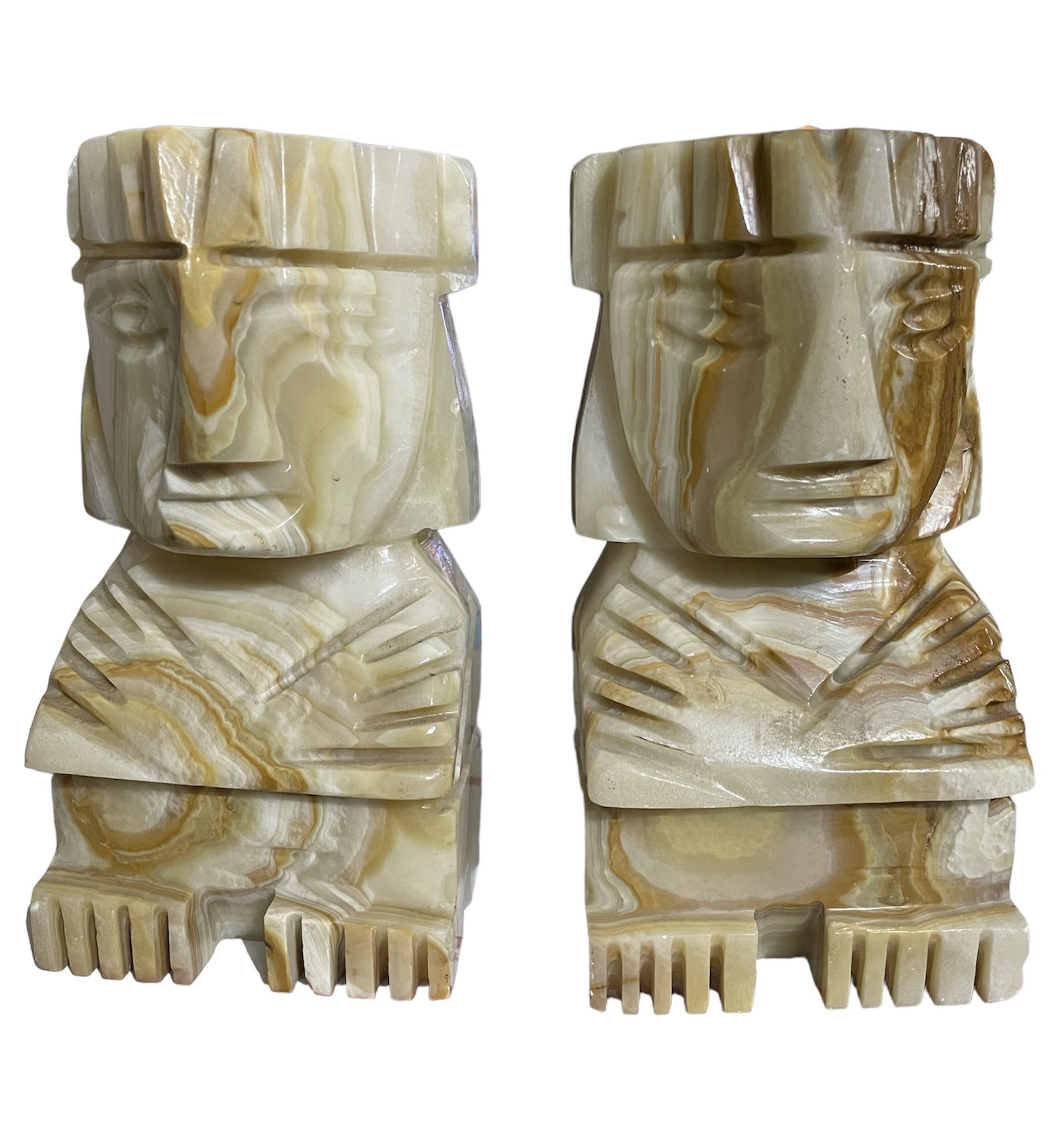 Marble Bookends Inca Mayan Style Onyx 8" Hand Carved Vintage 8” Hight 4” Length 2 1/2” Width Great Condition