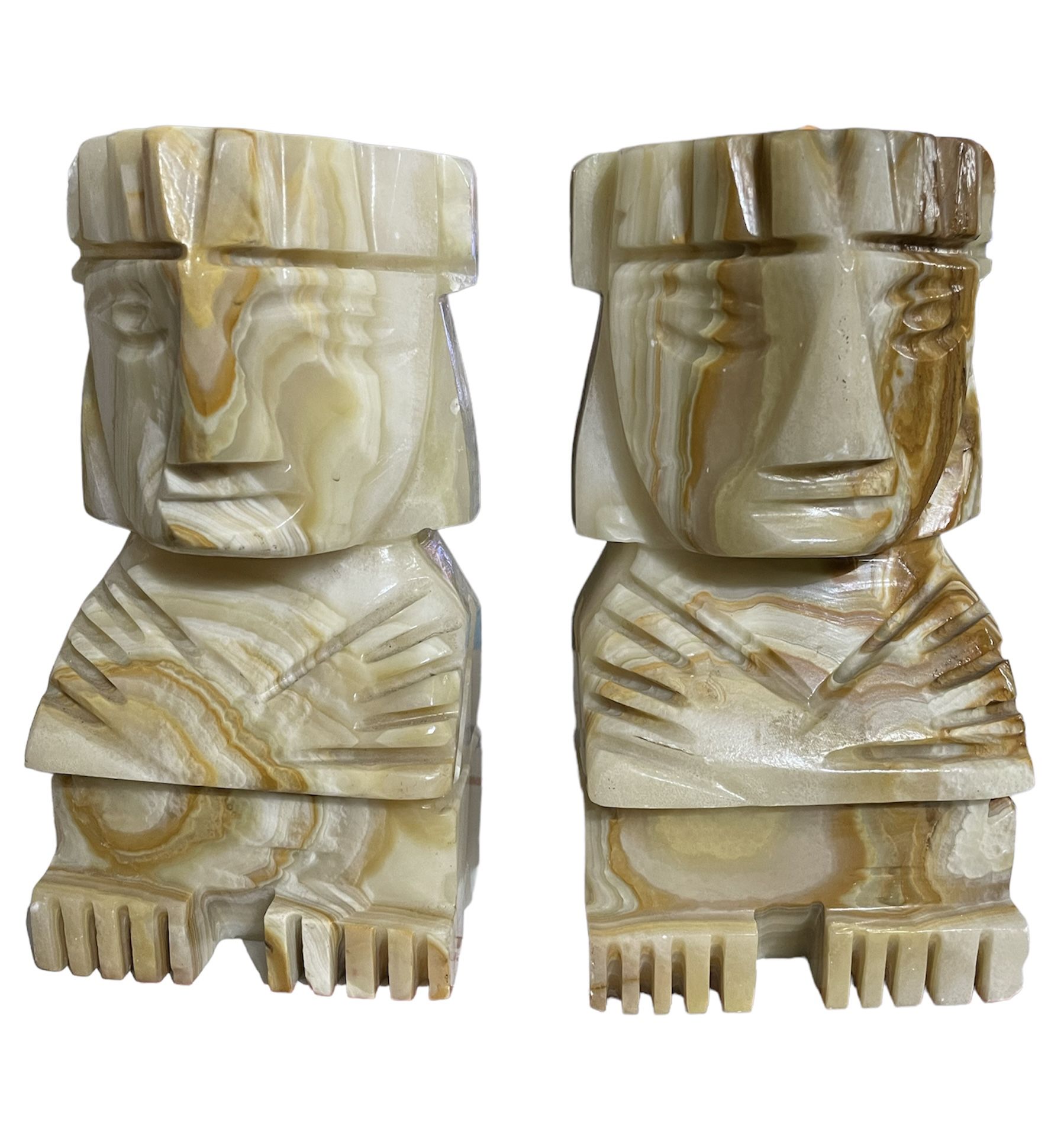 Marble Bookends Inca Mayan Style Onyx 8" Hand Carved Vintage 8” Hight 4” Length 2 1/2” Width Great Condition 