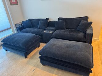 Navy Blue Chenille Couch/Ottomans with Console & USB