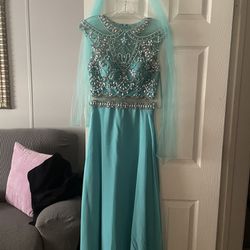 Blue Mint Illusion Jeweled Long Dress