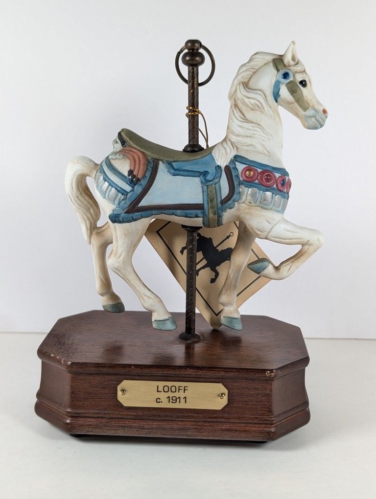 Carousel Horse Music Box 1988 Impulse Giftware Walnut Wood Base Brass Pole

Loof design .c1911