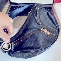 Versace vintage shoulder black studded bag 
