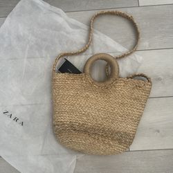 Zara Ratan Beach Bag Natural Jute Tote Crossbody Shoulder Purse Boho Resort 