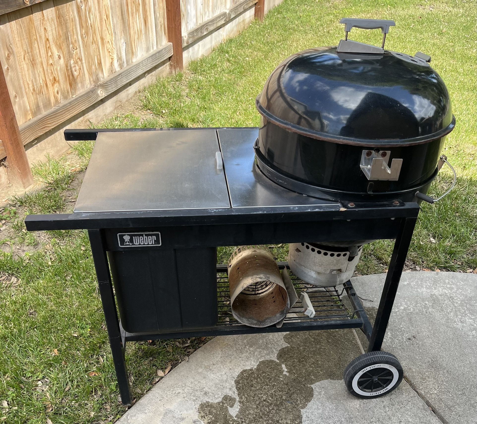 Weber 22in Grill BBQ Electric Rotisserie With Stainless Steel Side Table And Storage Bin And Charcoal Starter Chimney