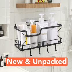 Basket Shelf with Hooks for Sponge Shampoo Holder No Drilling Adhesive Wall Mounted Multi-Function Stainless Steel Organizer Rack for Bathroom Pantry 