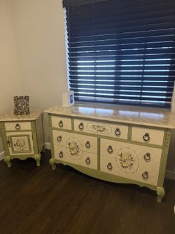 French Provincial Hand-Painted Dresser + Nightstand Set — Sage Green Floral
