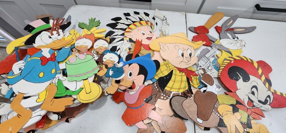 vintage wood cutouts disney characters' baby nursery wall hanging bugs bunny porky pig mickey mouse western cowboy sports art crafts
