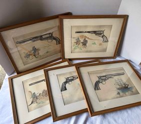 Western Set of 6 Colt Firearms classic pistols prints artwork. Washed colors similar to water color