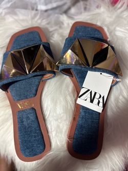 Zara Denim Flat Sandals with Gold Hardware