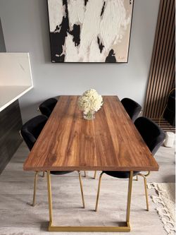 Modern Walnut Dining Set w/ Black Velvet Gold Chairs