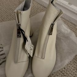 Zara Genuine Leather Ivory Heel Booties New