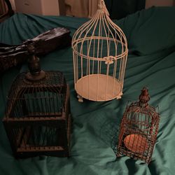 Set Of Three Vintage Bird Cages Wood And Wire