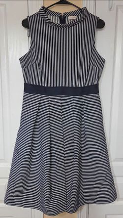 New York & Company Eva Mendes collection navy blue and white striped fit-and-flare dress.