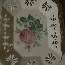 Beautiful! Lenox China 9" VICTORIAN ROSE Pierced Rectangular Tray - Discontinued!