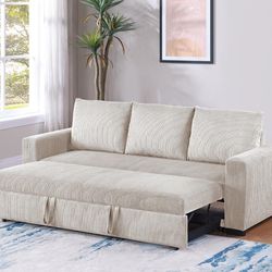 💫 Sofa Bed, Ivory Corduroy Fabric Futon Sofa, Removable Sleeping Area, Pull-Out Chaise.