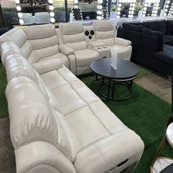 White Recliner Sectional with Bluetooth Speaker and LED