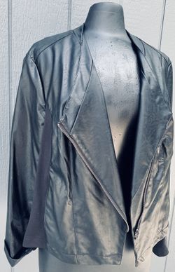 Modern 1X black jacket by Giuliana, faux leather with stretchy sides, zip up