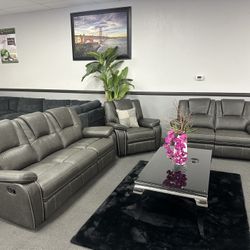 3PC Gray Leather Sofa & Loveseat & Free Recliner Chair