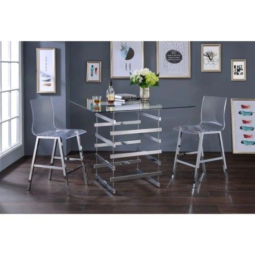 CONTEMPORARY CLEAR CHROME 3 PIECE COUNTER HEIGHT DINING TABLE SET - COMEDOR ALTO