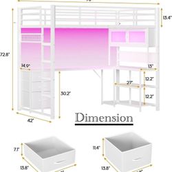 🥨Twin Size ADORNEVE Loft Bed with L-Shaped Desk, Storage Drawers & RGB Arcylic Hutch, Expanded Safety Power Outlet, Metal LED Loft Bed Frame