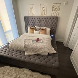 Queen Upholstered Velvet Bed Frame (Grey)