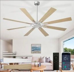 72 in. Sliver Brushed Wood 8 Blade Downrod Mount Large Ceiling Fan with No Light Included Remote APP Control Timer