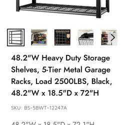 48.2"W Heavy Duty Storage Shelves. 5-Tier  Silver  Metal garage Racks. Load 2500LBS 