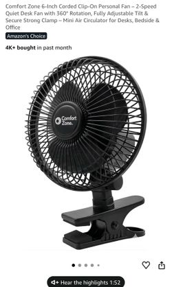 Comfort Zone 6-Inch Corded Clip-On Personal Fan