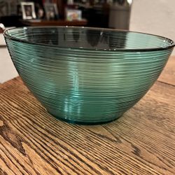 Arcoroc Aqua Turquoise Ribbed Glass Jardiniere Serving Bowl MADE IN FRANCE 9”