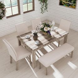 6-Pieces Rustic Rectangular Wood Tone Top Dining Table with Chair and Bench Set for Farmhouse Kitchen 6-Seats