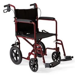 Medline Lightweight Foldable Transport Wheelchair with Handbrakes and 12-Inch Wheels, Red Frame, Black Upholstery